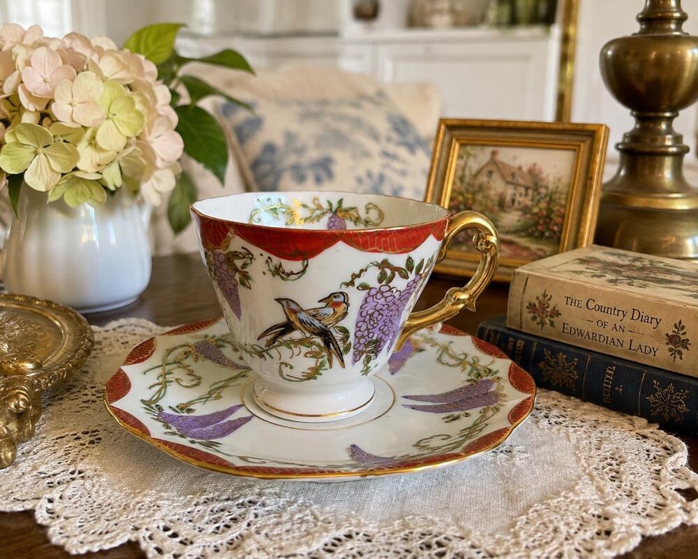 Vintage Occupied Japan Hand-Painted Bird Teacup & Saucer, Purple Floral Design